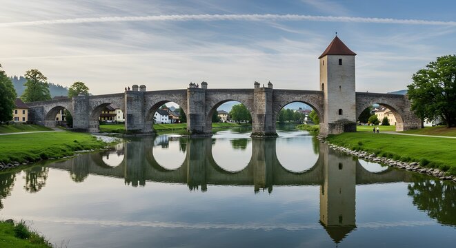Stone bridge reflection over calm river