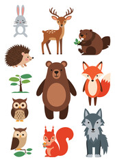 Obraz premium Cute Woodland Animals Collection Featuring A Bear Fox Owl Rabbit Deer And More
