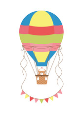 Obraz premium Whimsical Hot Air Balloon Adventure with Adorable Animal Passenger and Festive Bunting Decoration