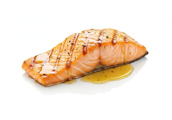 Grilled Salmon with Honey Glaze on White Background 