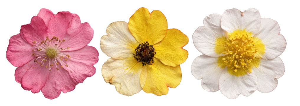 Three colorful flowers, pink, yellow/white, and white