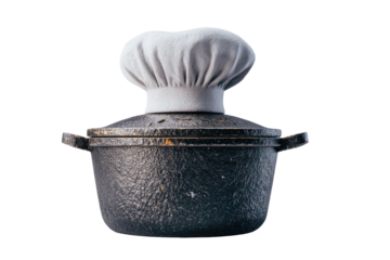 Chef's hat atop dark, rustic pot