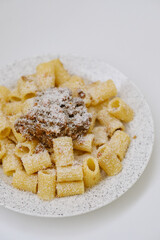 Bolognese beef onion pasta with cheese top view 1