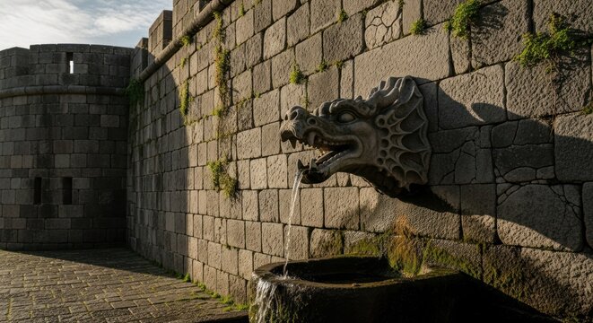 Dragon fountain in the medieval castle of guimares, portugal, with stone wall and tower in the background on a sunny day