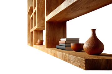 Modern wooden shelf with books, bowls, and textured vase, offering elegant home decor inspiration
