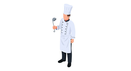 Isometric vector illustration of a professional male chef in a classic white uniform and toque, holding a kitchen ladle, symbolizing culinary expertise and food service