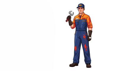 Skilled Mechanic in Overalls Holding a Wrench, Ready for Auto Repair or Industrial Work