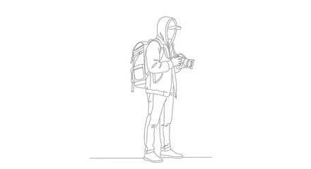 Fototapeta premium Continuous line drawing of a person in a hooded jacket with a backpack and camera, capturing moments with artistic flair