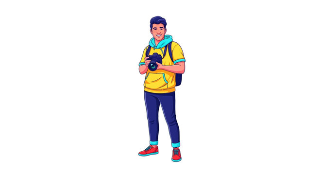 Vibrant illustration of a cheerful young man, an aspiring photographer with a camera and backpack, ready for his next creative adventure