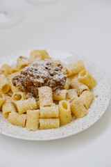 Bolognese beef onion pasta with cheese top view 2