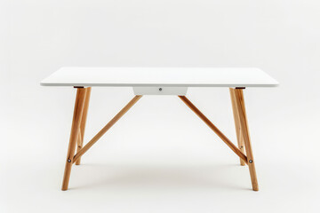 Fototapeta premium A modern white table with wooden legs, suitable for various settings and purposes.
