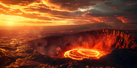 Sunset Volcano Eruption with Vibrant Lava and Clouds