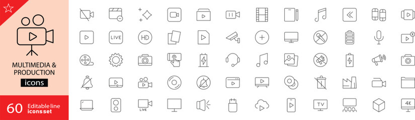 Fototapeta premium Multimedia and production icons set. Including video, audio, camera, microphone, film, editing, broadcasting, and more. Editable stroke. Vector illustration. Outline icons. Perfect for media. 