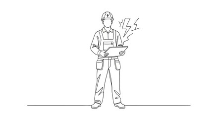 Continuous line art of an electrician in a hard hat holding a clipboard, with lightning symbols. Represents electrical power, safety, and professional industrial work