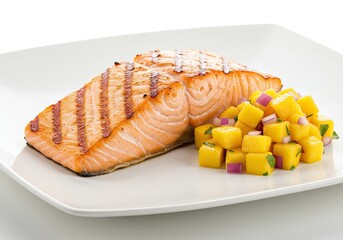 Grilled Salmon with Mango Salsa on White Background 
