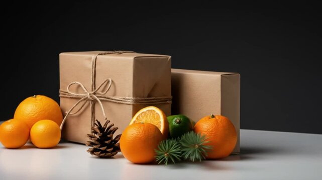 Rustic Gift Presentation Oranges Pine Cone and Packages