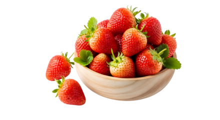 Fresh ripe strawberries in a wooden bowl isolated on transparent background, a delightful and healthy treat, perfect for desserts and snacking