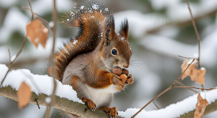 Obraz premium Adorable squirrel enjoying acorns in winter snow, capturing a moment of nature's beauty