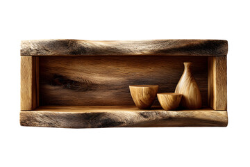 Rustic wooden shelf displays handcrafted bottle and cups, embodying natural elegance and artisanal charm