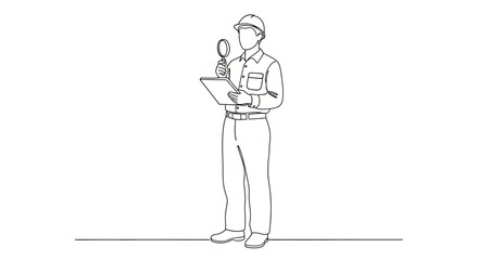 Line Art Illustration of a Construction Worker with Clipboard and Microphone