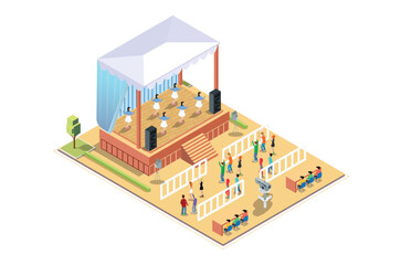 Illustration Music Festival Concept 3d Isometric View Concert Party Elements Landscape Background and Stage. Vector illustration of Musical Event