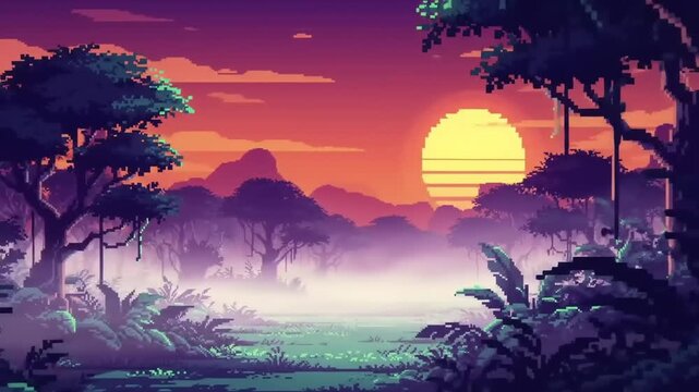 Pixelated sunset forest