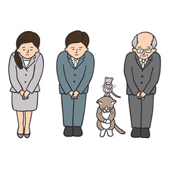 スーツを着た女性と男性が丁寧にお辞儀をしている5点セット