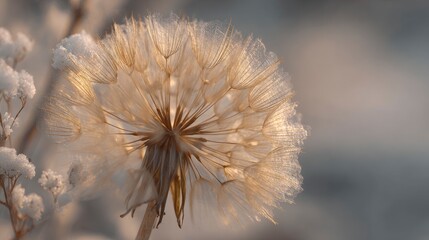 Fototapeta premium Frozen dandelion seed head, winter scene