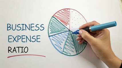 Business Expense Ratio Chart with Colorful Pie Visualization and Hand Holding Marker on Whiteboard