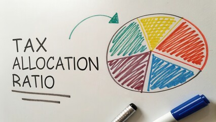 Colorful Pie Chart Representing Tax Allocation Ratio on Whiteboard with Marker and Notes