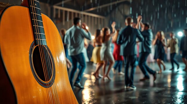 Acoustic guitar leaning against hay bale in music festival
