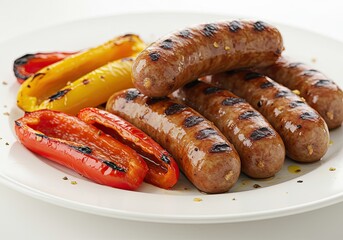 Grilled Sausages with Peppers on White Background 