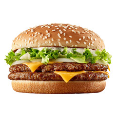 Mouthwatering double cheeseburger with lettuce and onion on transparent background