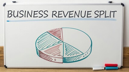 Business Revenue Split Visual Representation on Whiteboard with Colorful Pie Chart Illustration and Markers