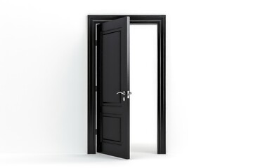 An open black door against a white background, symbolizing opportunity and transition.