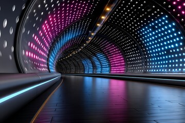 Futuristic tunnel with vibrant multicolored led lights creating an immersive curved passageway