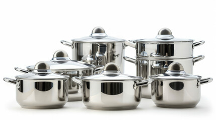 A collection of stainless steel cooking pots and lids arranged aesthetically.