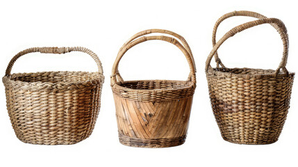 Three woven baskets with handles, showcasing different textures and designs.