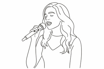 Female Singer Line Art Illustration Performing with Microphone