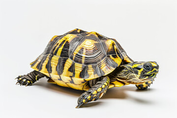 A vibrant turtle with a distinctive yellow and black shell on a white background.