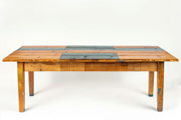 A rustic wooden table with a colorful patchwork design, suitable for dining or gatherings.