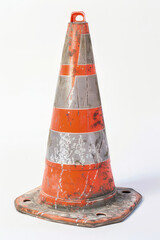 A weathered traffic cone with orange and white stripes, used for road safety and direction.