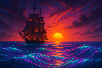 Fototapeta premium Majestic Pirate Ship Sailing in Vibrant Sunset Ocean