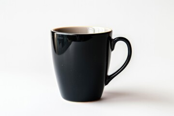 A sleek black mug with a curved handle, suitable for beverages like coffee or tea.