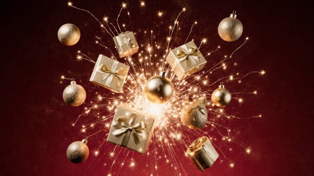 Golden festive gifts and ornaments exploding with sparkling lights on red background