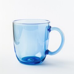 A transparent blue mug designed for beverages, showcasing its elegant shape and handle.