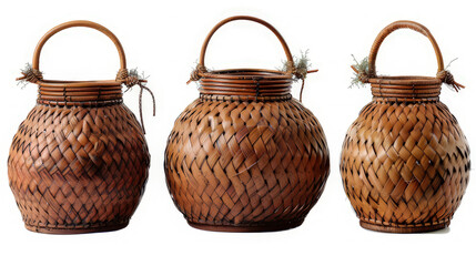 Three woven baskets with handles, showcasing traditional craftsmanship and design.