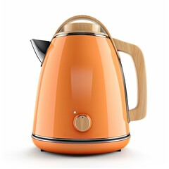 A modern orange electric kettle with a wooden handle and base, designed for boiling water.
