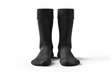 A pair of black socks displayed upright, showcasing their design and texture.