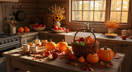Cozy Autumn Interior Rustic Kitchen Decor with Fall Harvest Abundance